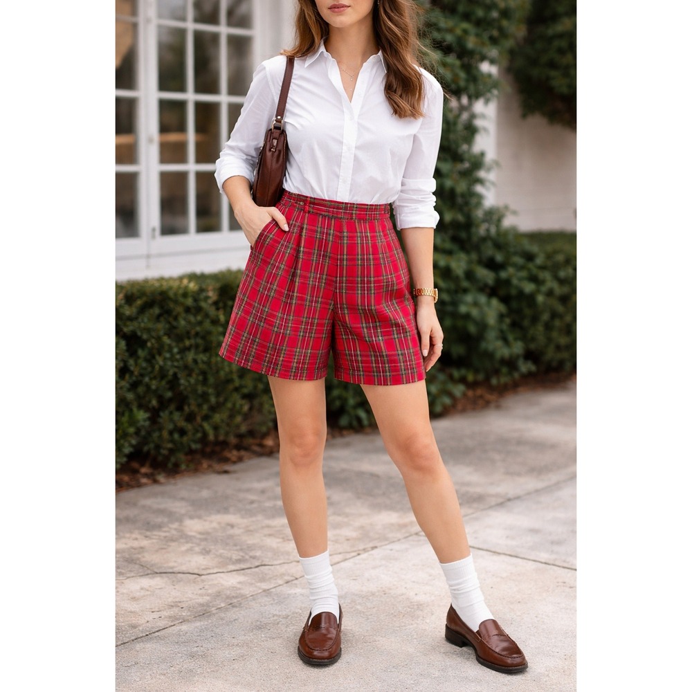Vintage Ralph Lauren Red Tartan Plaid Pleated‎ Shorts High Rise Women's 6